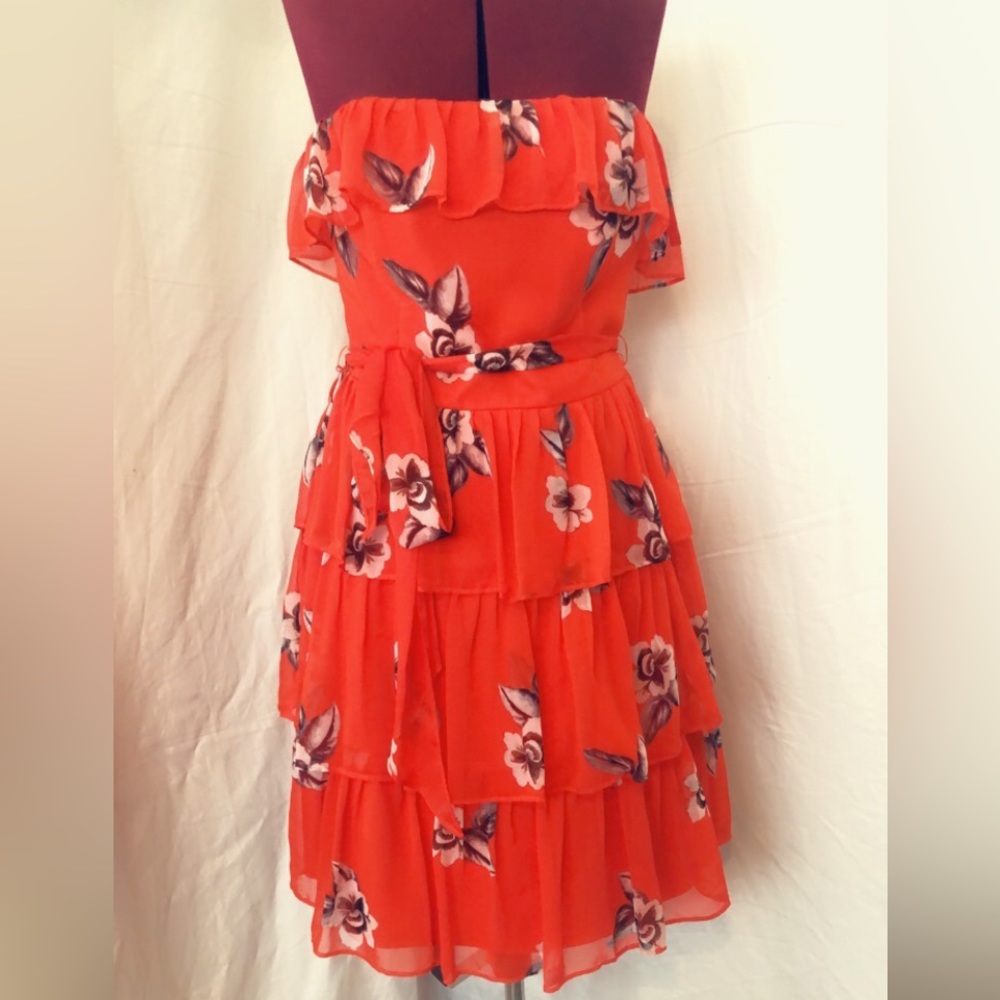 Red floral ruffle dress